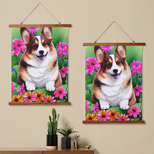 Tapisserie Suspendue Corgi floral pittoresque (Asymétrique)