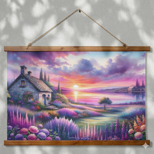Tapisserie Suspendue Cottage au coucher de soleil pastel Jardin au bord