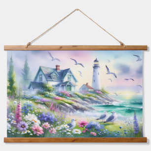 Tapisserie Suspendue Cottage balnéaire et phare aquarelle