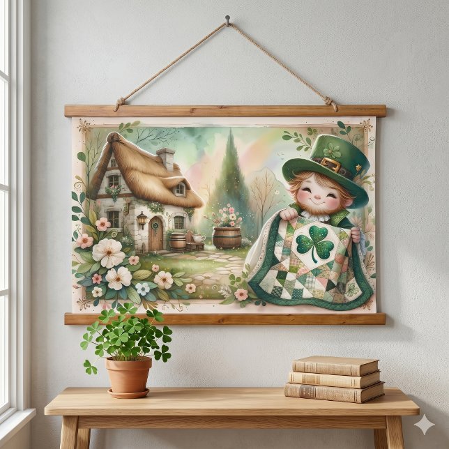 Tapisserie Suspendue Cottage Leprechaun Patchwork Couette Scène (Cottage Leprechaun Patchwork Quilt Scene Hanging Tapestry)