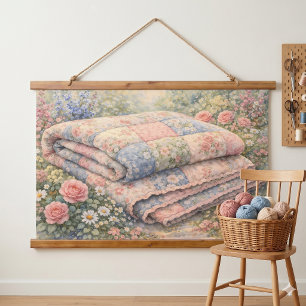 Tapisserie Suspendue Cottagecore Courtepointe Fleurie en Patchwork Aqua