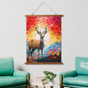 Tapisserie Suspendue Coucher de soleil doré Floral Forêt automnale Cerf