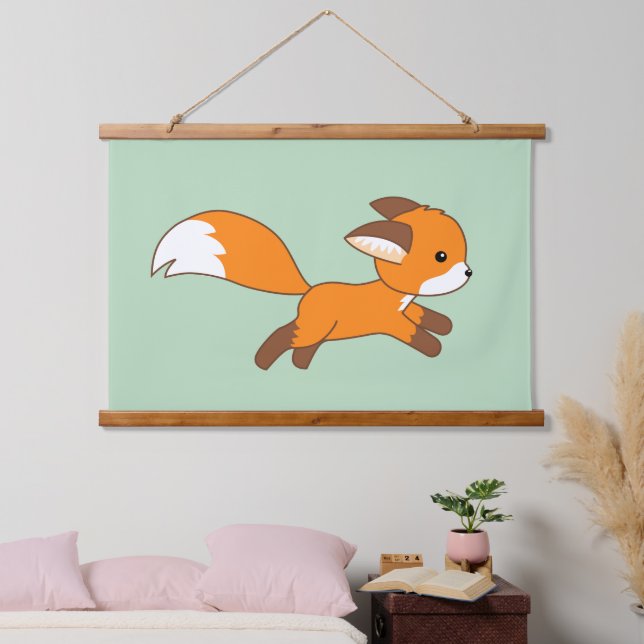 Tapisserie Suspendue Coureur de renard mignon sur vert (Chambre à coucher)