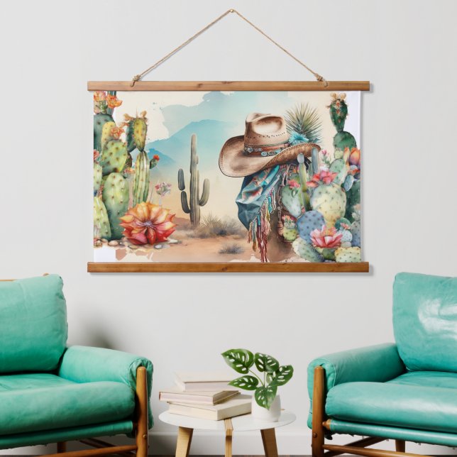 Tapisserie Suspendue Cowboy casquette aquarelle cactus paysage ouest (Salon)