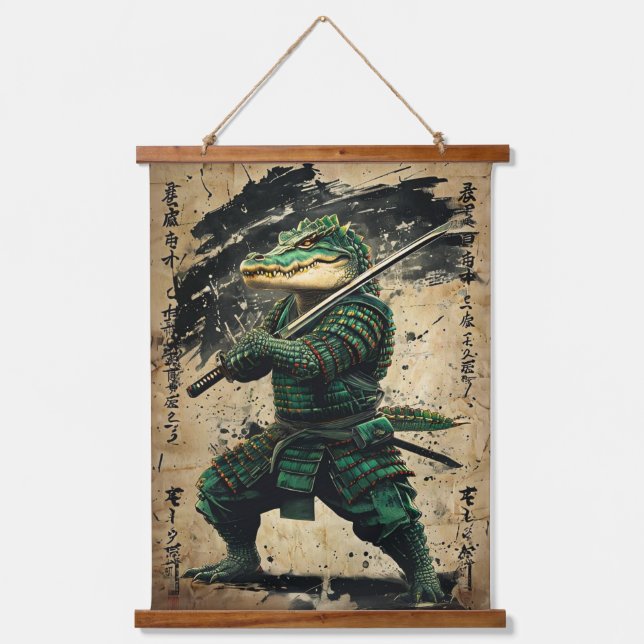 Tapisserie Suspendue Crocodile Samurai Guerrier - Style Encre Japonais (Recto)