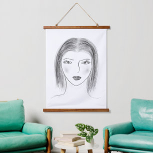 Tapisserie Suspendue Croquis de visage de femme noir et blanc pour mur