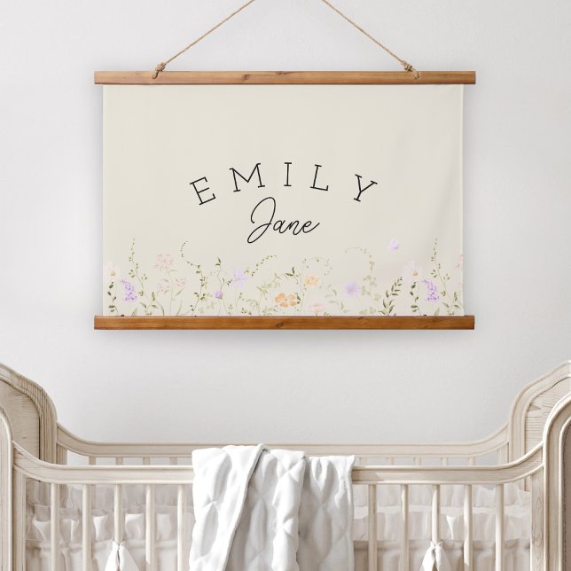 Tapisserie Suspendue Custom Girls Name Sign Wildflower Nursery Decor (Wildflower Nursery Baby Name Sign)