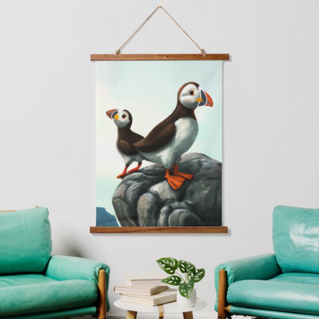 Tapisserie Suspendue Cute Atlantic Puffins Oiseaux de mer sur les roche (Salon)