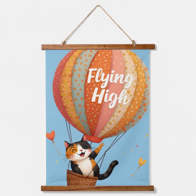 Tapisserie Suspendue Cute Chat Hot Air Balloon Whimsical Art (Recto)