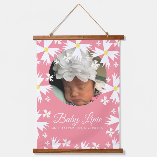 Tapisserie Suspendue Cute Daisy Florals Frontière Photo Faire-part bébé (Recto)