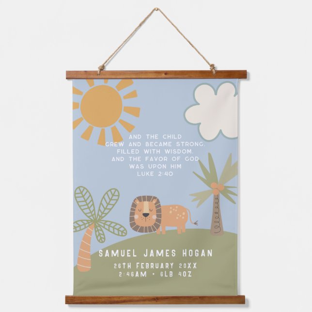 Tapisserie Suspendue Cute Lion Bible Verse Statistiques de naissance No (Recto)