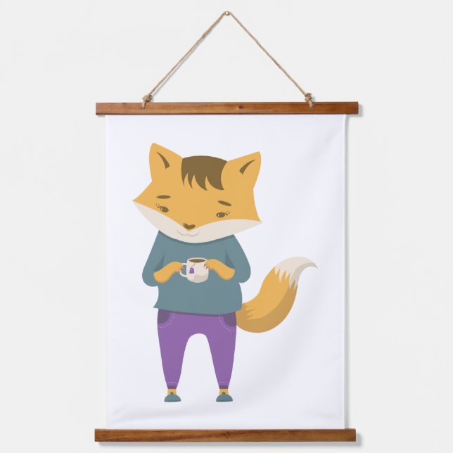 Tapisserie Suspendue Cute renard avec tasse de thé (Recto)