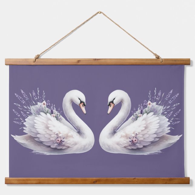 Tapisserie Suspendue Cygne aquarelle avec fleurs de lavande (Devant)