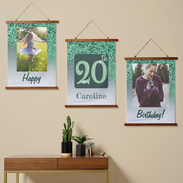 Tapisserie Suspendue Decorative Green Glitter 2 Photos 20th Birthday (Asymétrique)