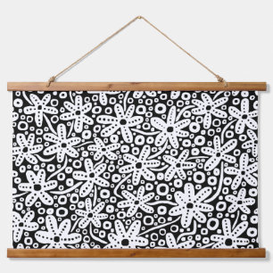 Tapisserie Suspendue Design de fleurs - Blanc sur noir