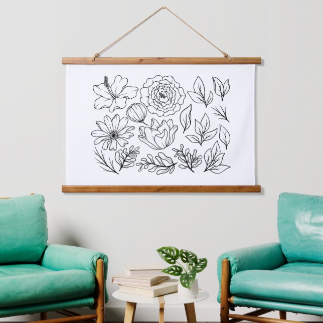 Tapisserie Suspendue Dessin de fleurs au trait (Salon)