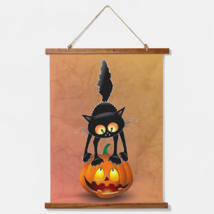 Tapisserie Suspendue Dessin d'Halloween au chat effrayé sur Citrouille