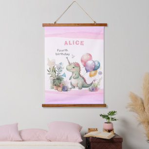 Tapisserie Suspendue Dino Party Watercolor Girl rose Anniversaire