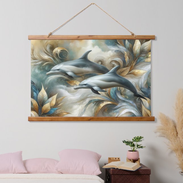 Tapisserie Suspendue Dolphins Golden Botanical Dreamscape (Chambre à coucher)