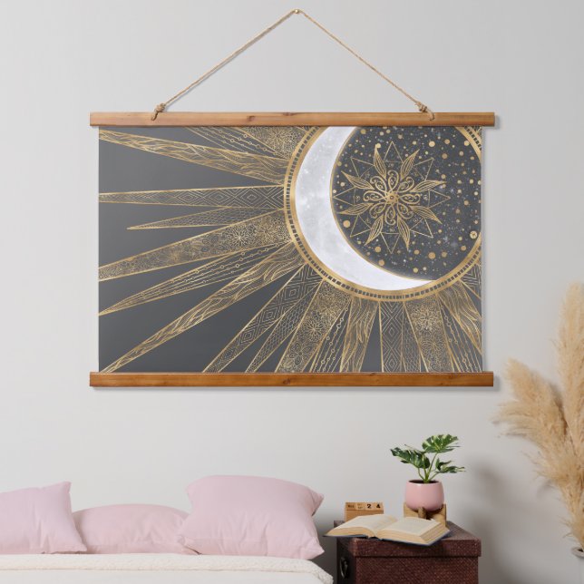 Tapisserie Suspendue Elegant Gold Doodles Sun Moon Mandala Design (Chambre à coucher)