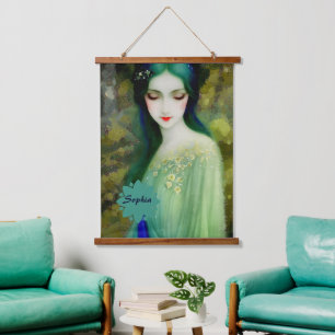 Tapisserie Suspendue Élégant Imaginaire Portrait femme en vert et bleu