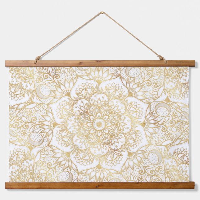 Tapisserie Suspendue Élégant Mandala Floral Or Blanc (Devant)