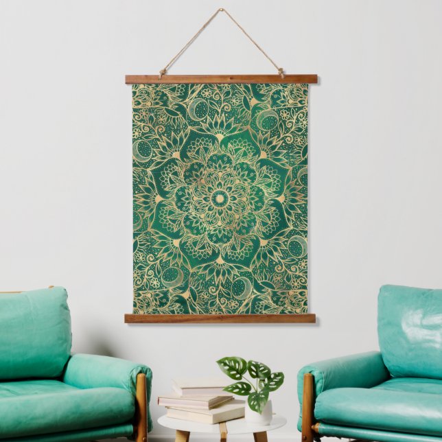 Tapisserie Suspendue Elégant or Floral Mandala Green Design (Salon)