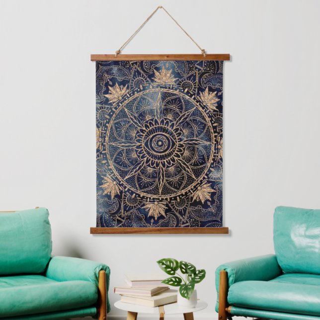 Tapisserie Suspendue Elégant or Mandala Oeil Soleil Lune Marine Bleu (Salon)