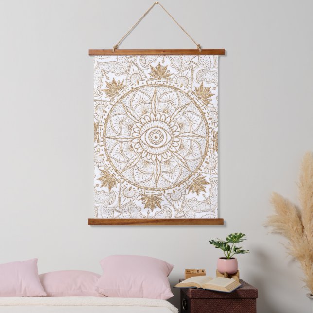 Tapisserie Suspendue Elégant or Oeil Soleil Lune Mandala Blanc (Chambre à coucher)