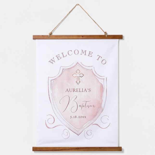 Tapisserie Suspendue Elégant rose Aquarelle Crest Baptism Bienvenue (Recto)