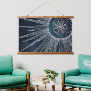 Tapisserie Suspendue Elégant Silver Sun Moon Doodle Mandala Blue Design