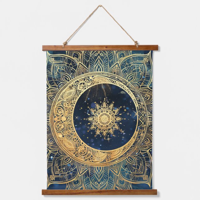 Tapisserie Suspendue Elégante aquarelle bleu or Mandala Sun Nebula (Recto)