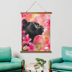 Tapisserie Suspendue Élégante panthère noire florale sauvage florissant