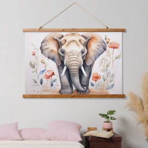 Tapisserie Suspendue Eléphant et fleurs de charme aquarelle peinture