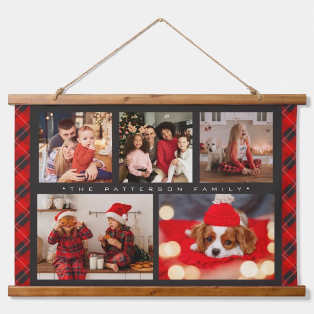 Tapisserie Suspendue Family Name 5 Photo Collage Red Plaid Modern (Devant)