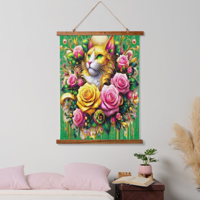 Tapisserie Suspendue Feline au milieu d'une floraison vibrante (Chambre à coucher)