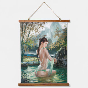 Tapisserie Suspendue femme asiatique se baignant dans un étang près d'u