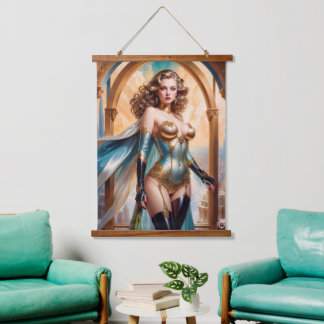 Tapisserie Suspendue Femme en tenue opulente d'or et de turquoise par X