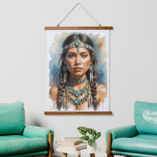 Tapisserie Suspendue Femme magnifique Bohème Amérindienne avec bijoux