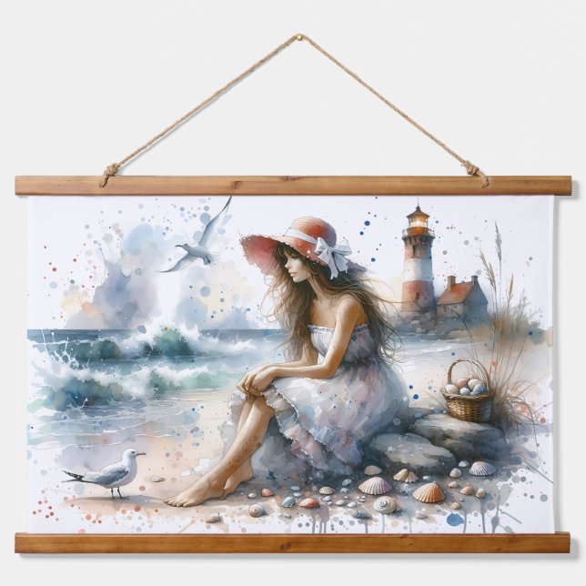 Tapisserie Suspendue Fille d'aquarelle romantique par phare (Devant)
