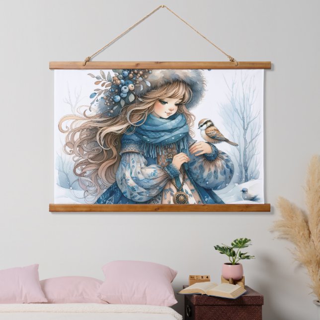 Tapisserie Suspendue Fille d'hiver avec oiseau en manteau floral bleu (Chambre à coucher)