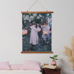 Tapisserie Suspendue Filles Fleurs Lanternes Classique Art Vintage