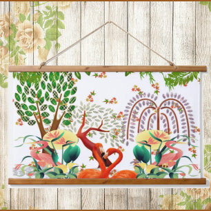 Tapisserie Suspendue Flamant rose d'oiseaux aquatiques Couple Arbre de 