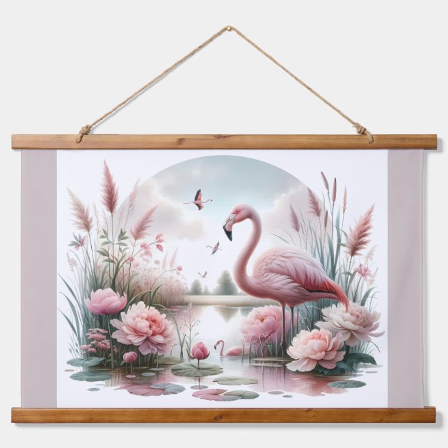 Tapisserie Suspendue Flamant rose en Pastel Pond Floral Scene (Devant)