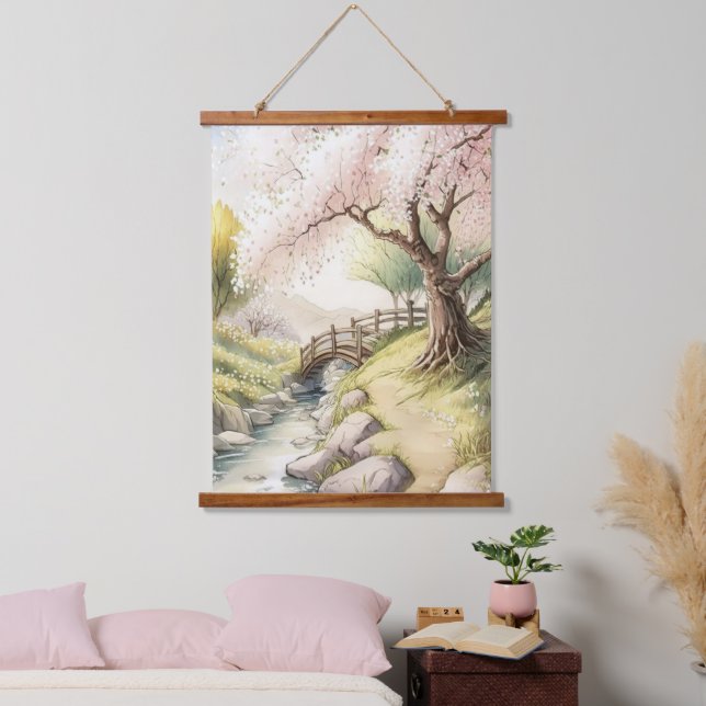Tapisserie Suspendue Fleur de cerisier rustique dans le paysage clair d (Chambre à coucher)