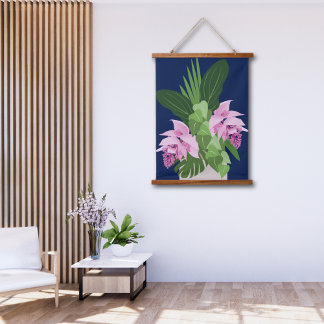 Tapisserie Suspendue Fleur rose de Medinilla tropicale sur bleu foncé