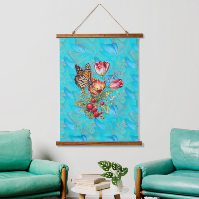 Tapisserie Suspendue Fleurs aquarelles avec papillons visités. (Salon)