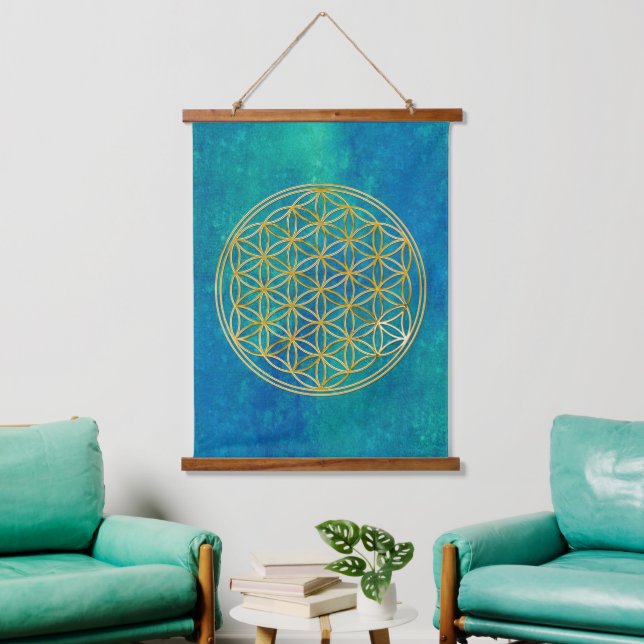 Tapisserie Suspendue FLEURS DE VIE - Géométrie Sacrée Style doré (Salon)