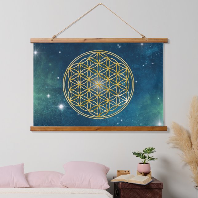 Tapisserie Suspendue FLEURS DE VIE - Géométrie Sacrée Style doré (Chambre à coucher)