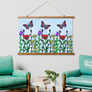 Tapisserie Suspendue Fleurs et papillons à main fanée